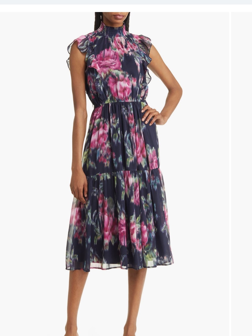 Steve Madden Floral Ruffle Midi Dress in Navy and Pink